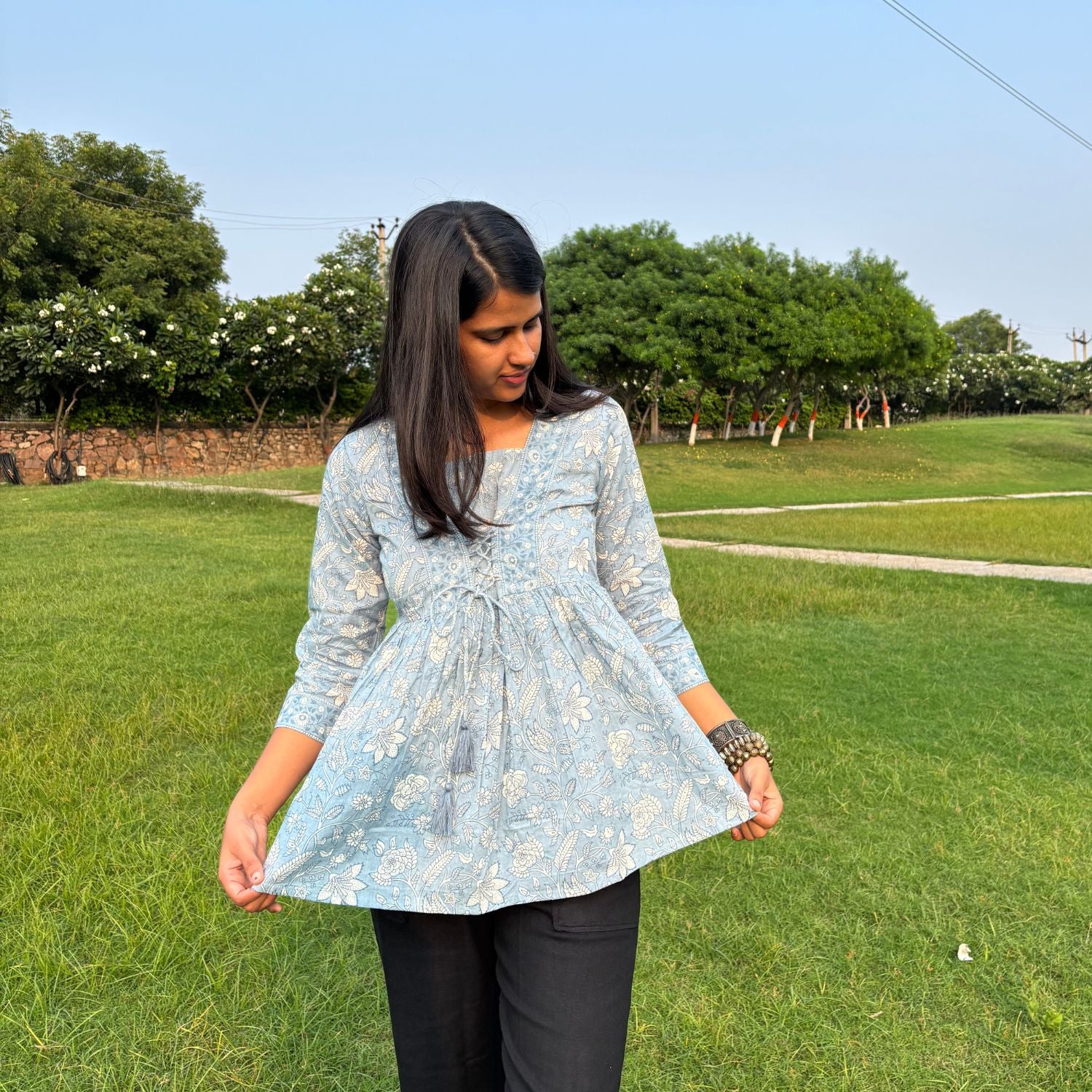 Light Blue Jaipuri Print Cotton Peplum Top For Women