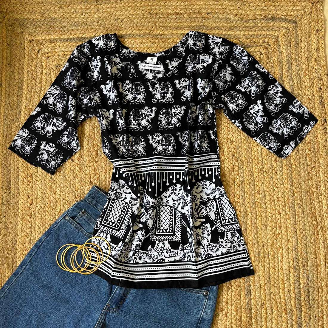 Black Elephant Print Kurti in Cotton Blend For Women