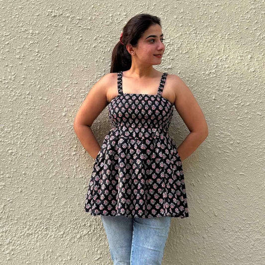 Women's Floral Print Smocked Black Tank Top, Casual Summer Wear