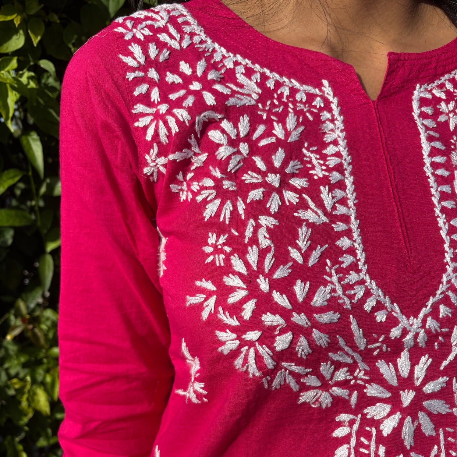 Rani Pink Lucknowi Chikankari Cotton Short Kurti For Women