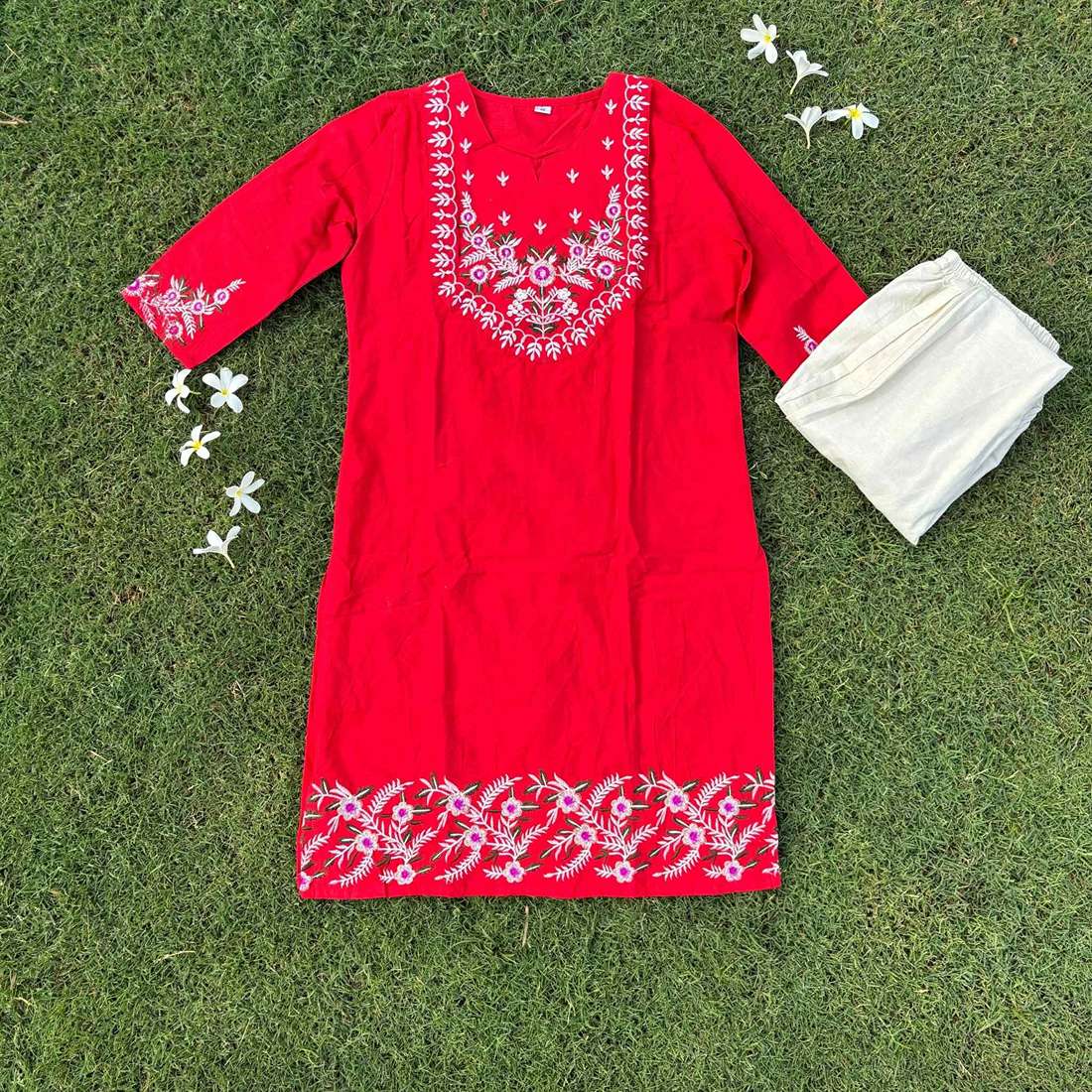 Pure Cotton Red Co-ord Set With Embroidery Detail For Women