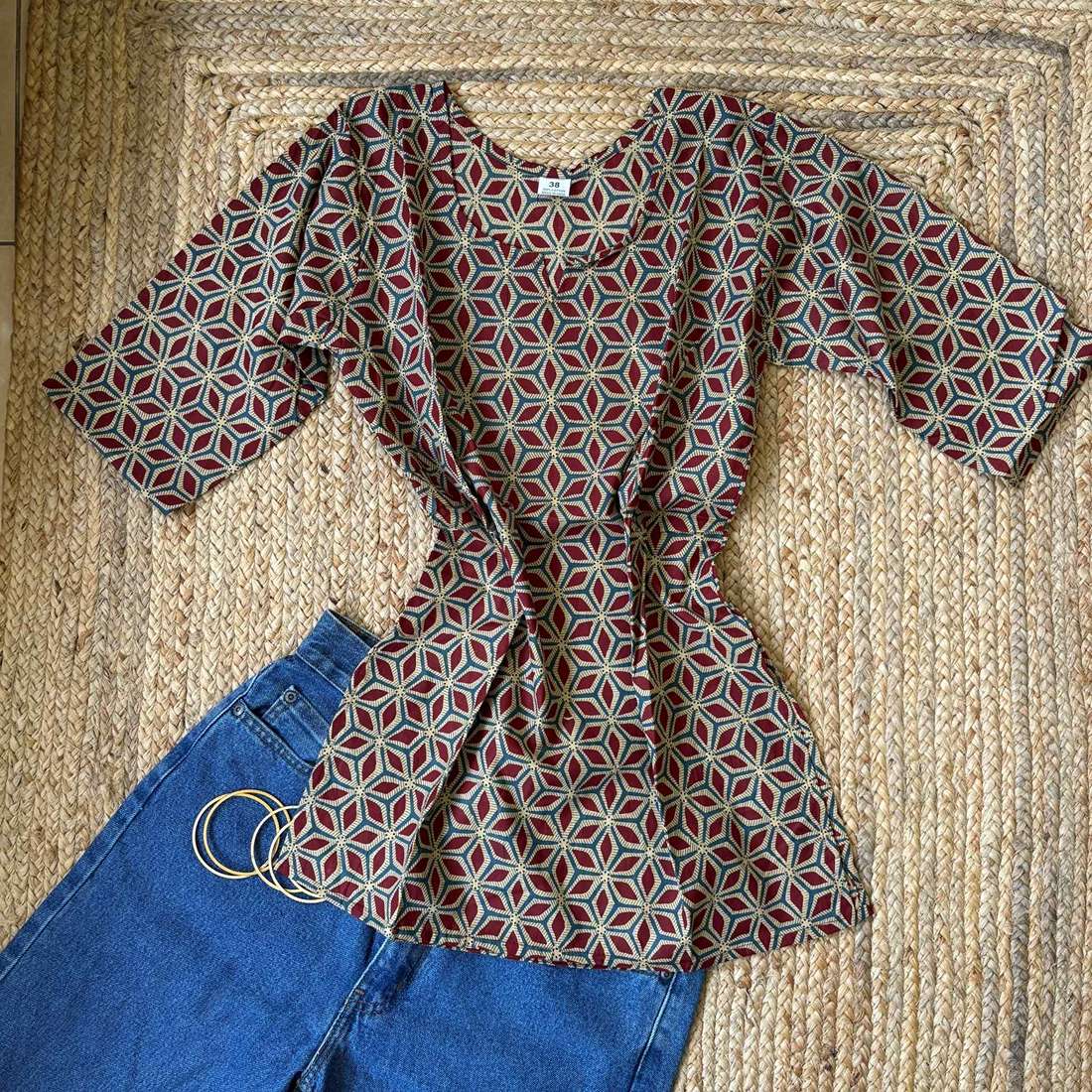 Jaipuri Printed White Pure Cotton 3/4th Sleeves Short Kurti For Women