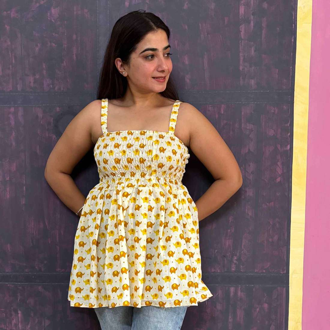 Women's Cotton Elephant Print Smocked Tank Top, Yellow, Casual Summer Wear