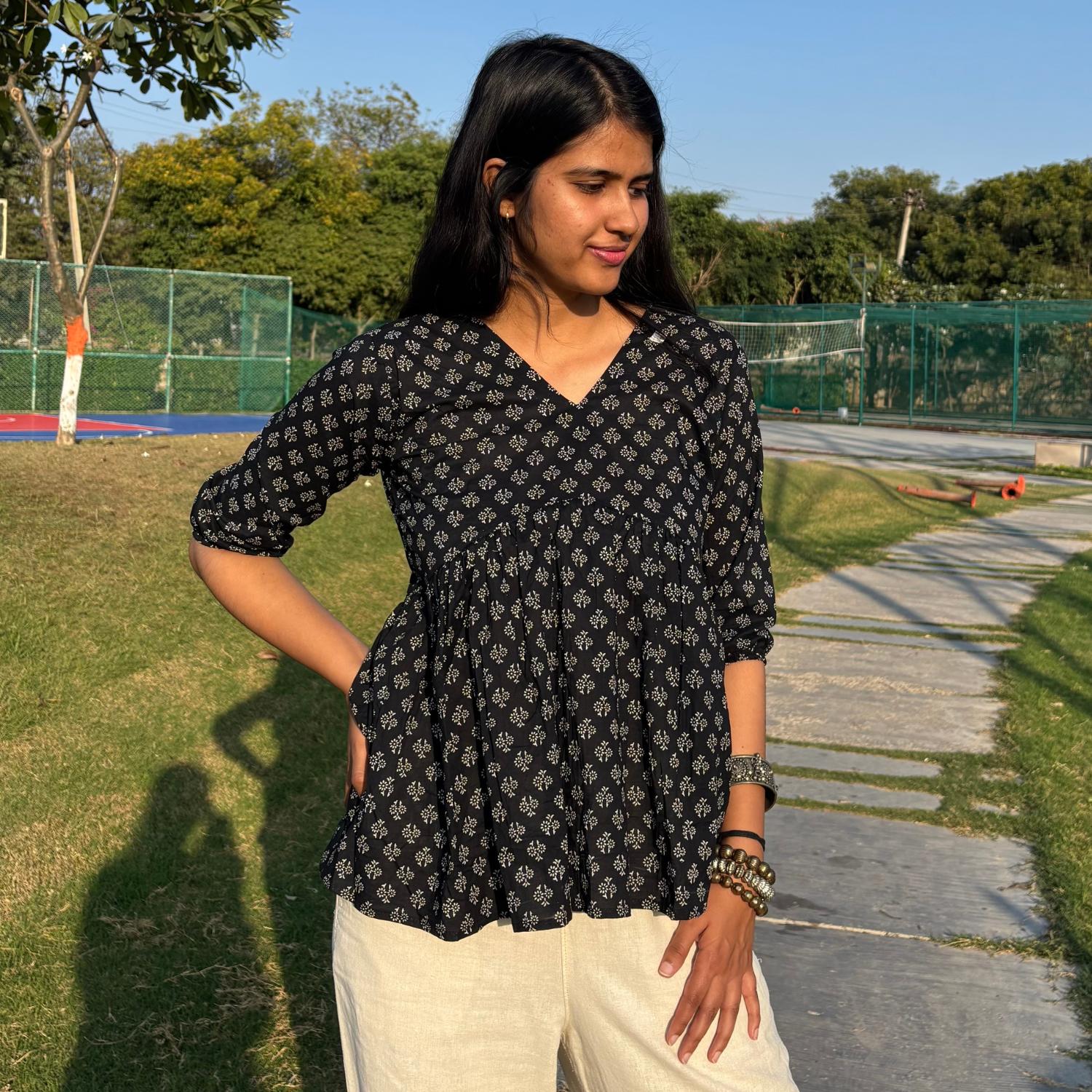 Alia Cut Pure Cotton Black Printed Short Kurti For Women