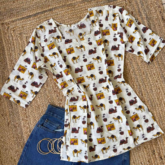 Camel Print White Pure Cotton 3/4th Sleeves Short Kurti For Women