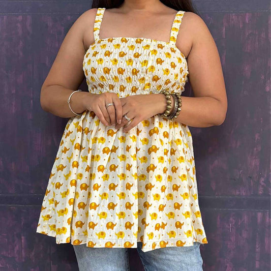 Women's Cotton Elephant Print Smocked Tank Top, Yellow, Casual Summer Wear