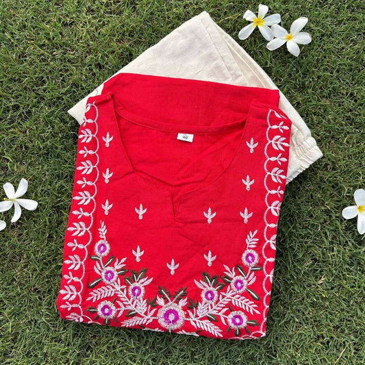Pure Cotton Red Co-ord Set With Embroidery Detail For Women