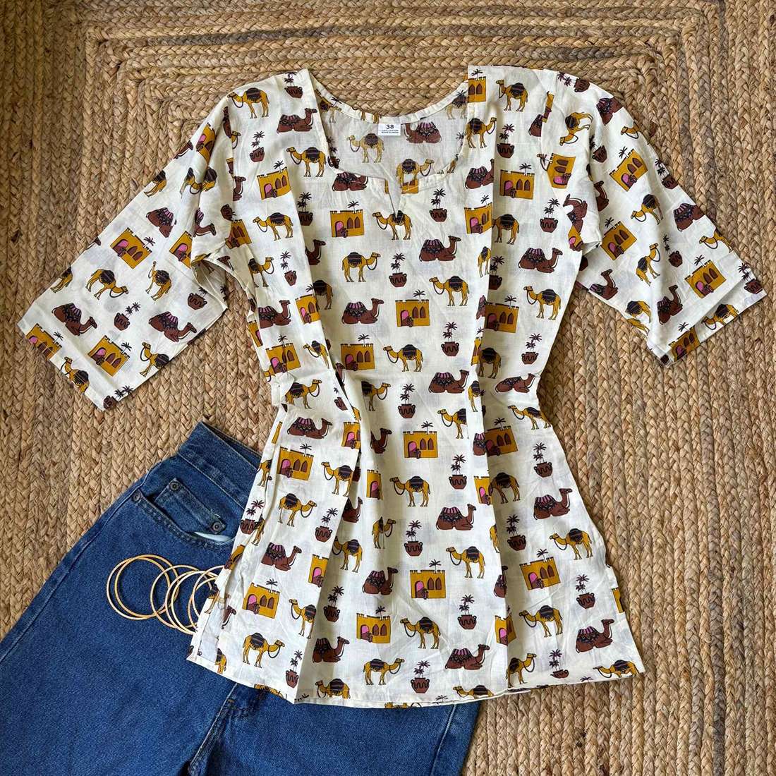 Camel Print White Pure Cotton 3/4th Sleeves Short Kurti For Women