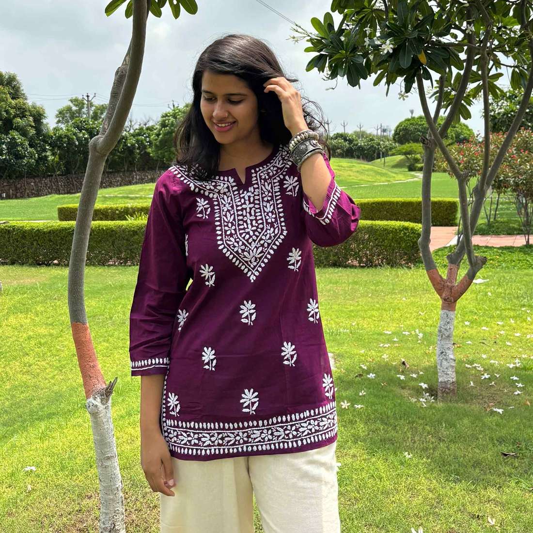Purple Lucknowi Chikankari Cotton Short Kurti For Women