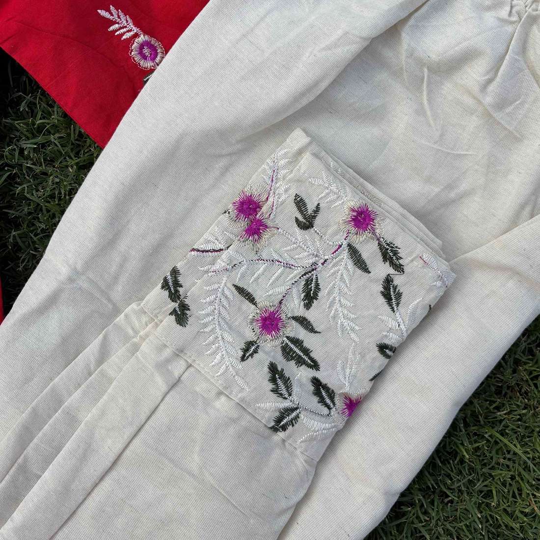 Pure Cotton Red Co-ord Set With Embroidery Detail For Women