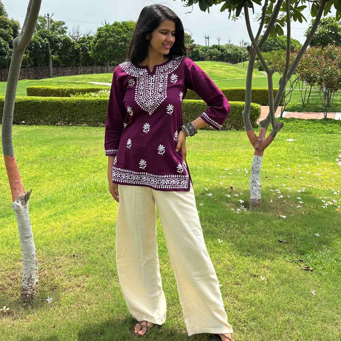 Purple Lucknowi Chikankari Cotton Short Kurti For Women