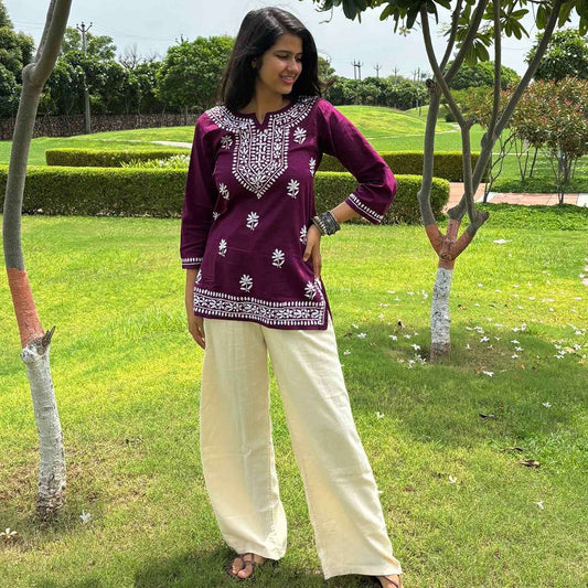 Purple Lucknowi Chikankari Cotton Short Kurti For Women