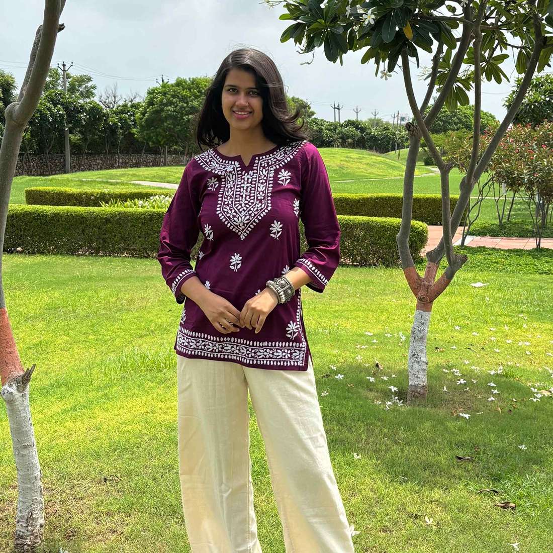 Purple Lucknowi Chikankari Cotton Short Kurti For Women