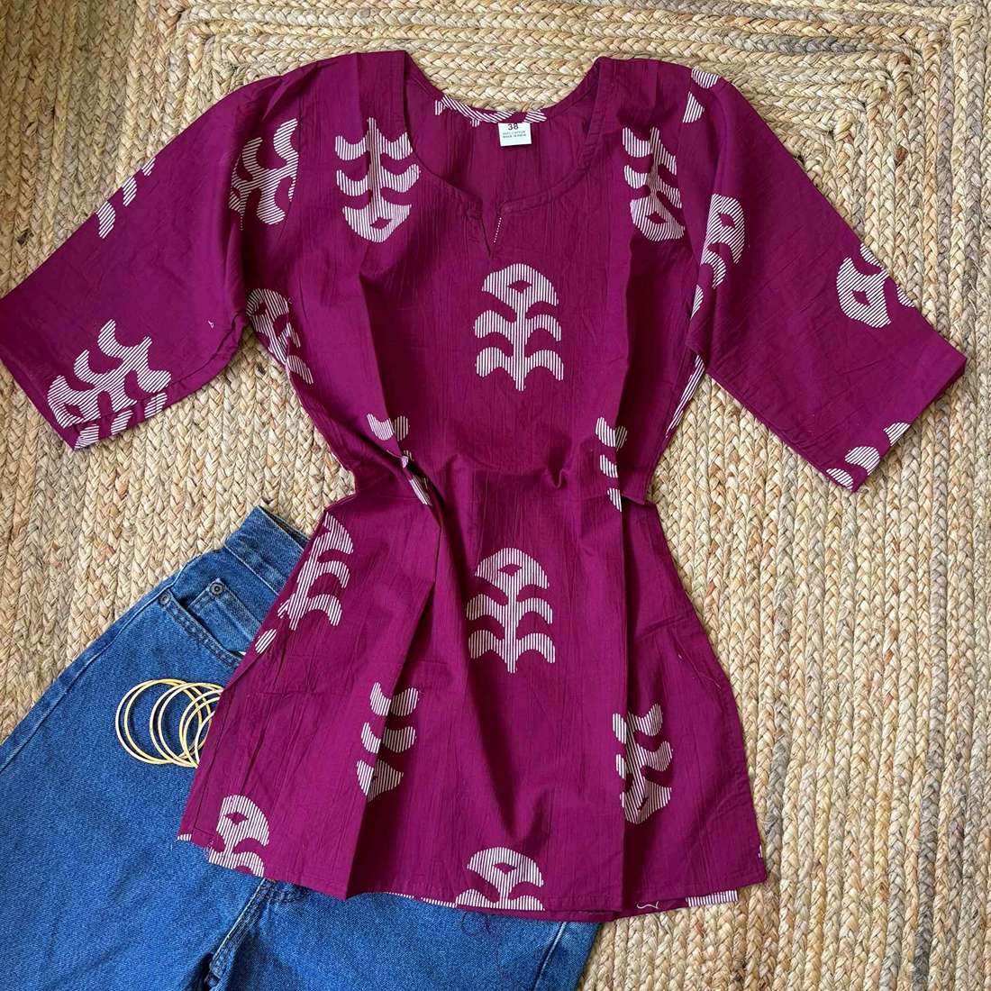 Dark Pink Color Pure Cotton 3/4th Sleeves Short Kurti For Women