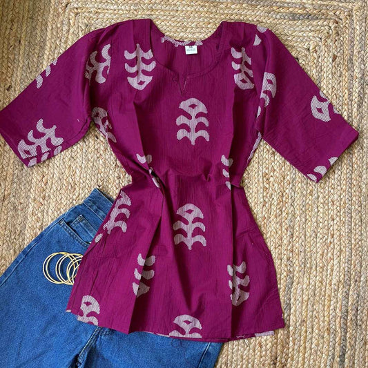 Dark Pink Color Pure Cotton 3/4th Sleeves Short Kurti For Women