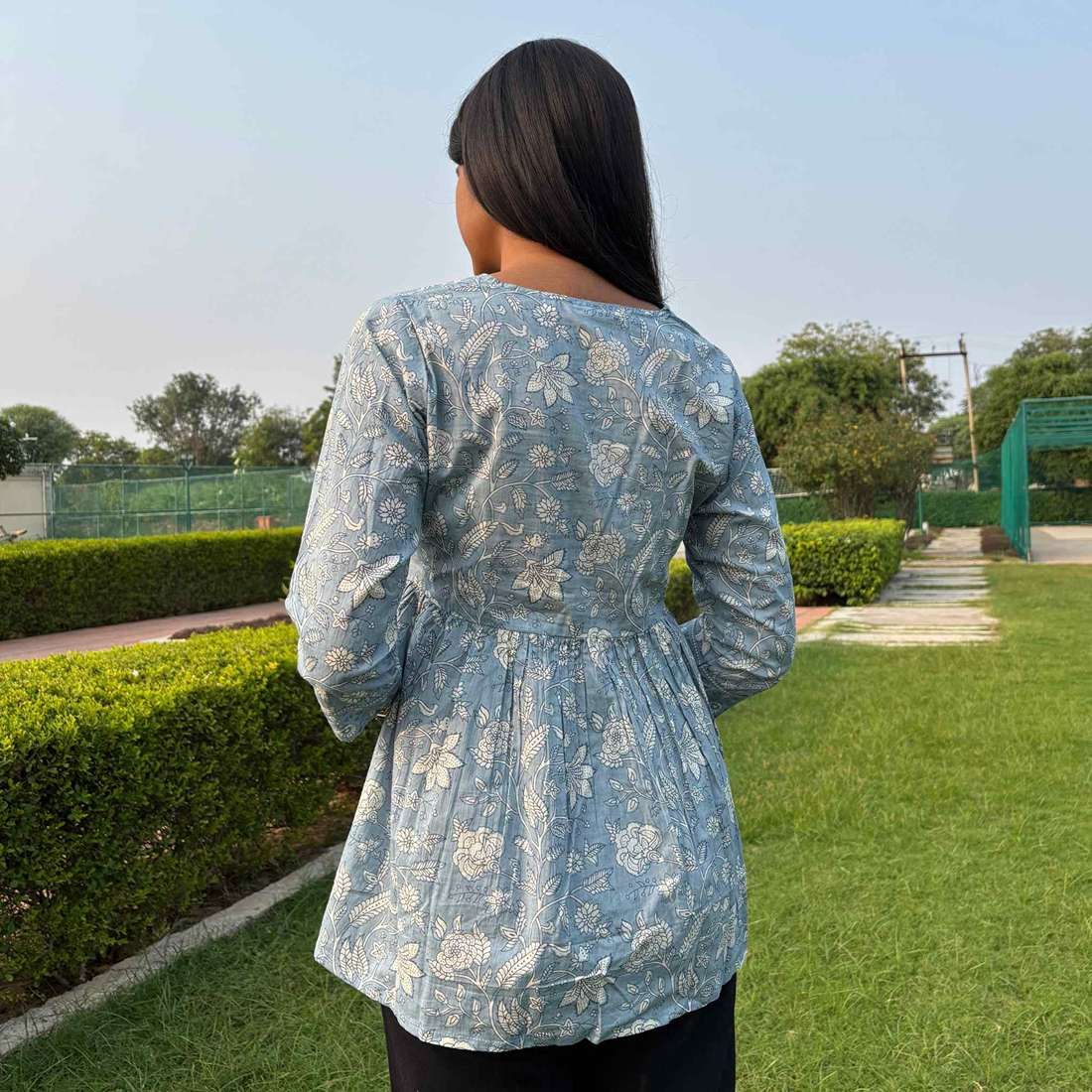 Light Blue Jaipuri Print Cotton Peplum Top For Women