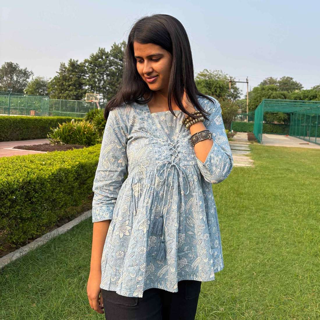 Light Blue Jaipuri Print Cotton Peplum Top For Women