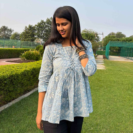 Light Blue Jaipuri Print Cotton Peplum Top For Women