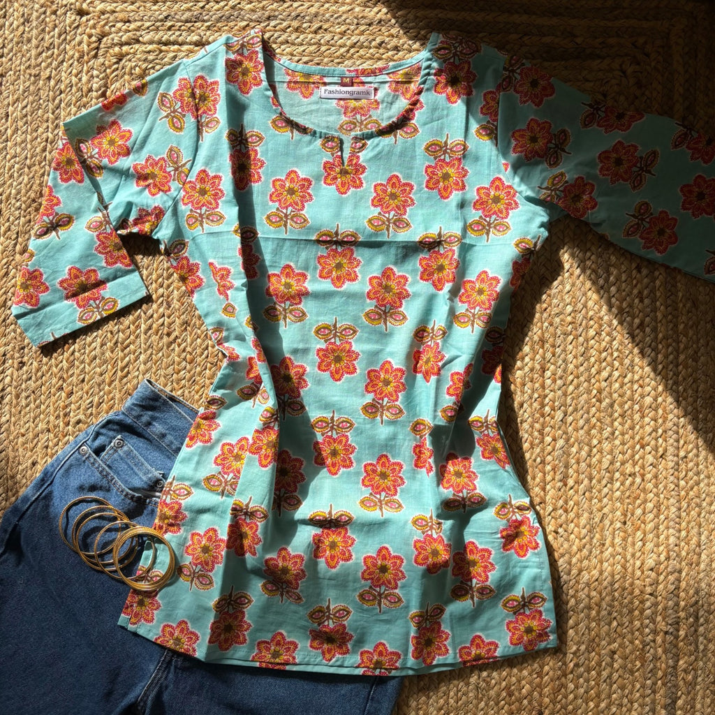 Floral Print Aqua Color Pure Cotton 3/4th Sleeves Short Kurti For Women