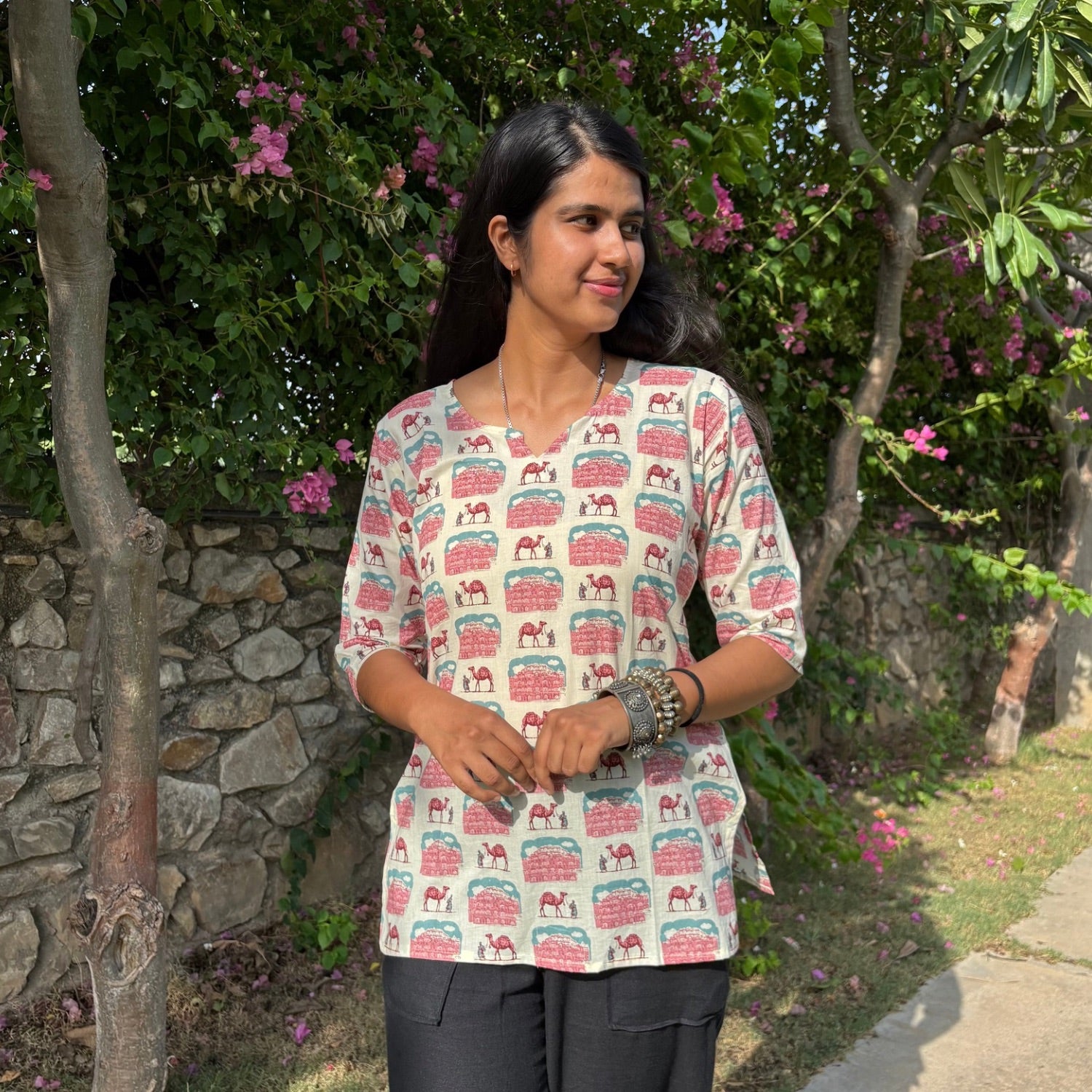 Jaipur Print White Pure Cotton 3/4th Sleeves Short Kurti For Women