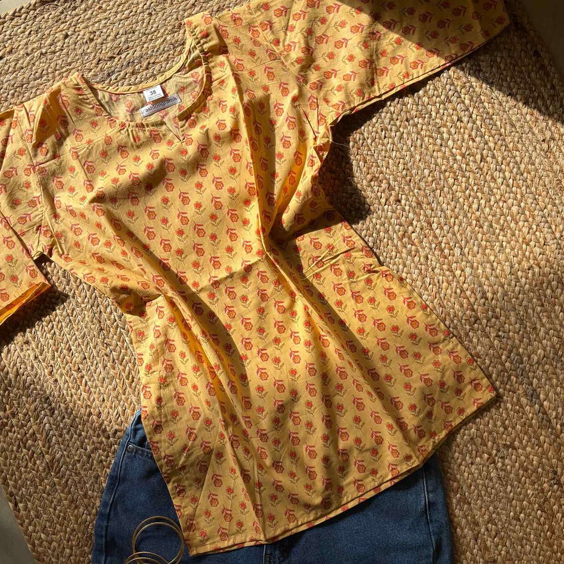 Yellow Color Pure Cotton 3/4th Sleeves Printed Short Kurti For Women