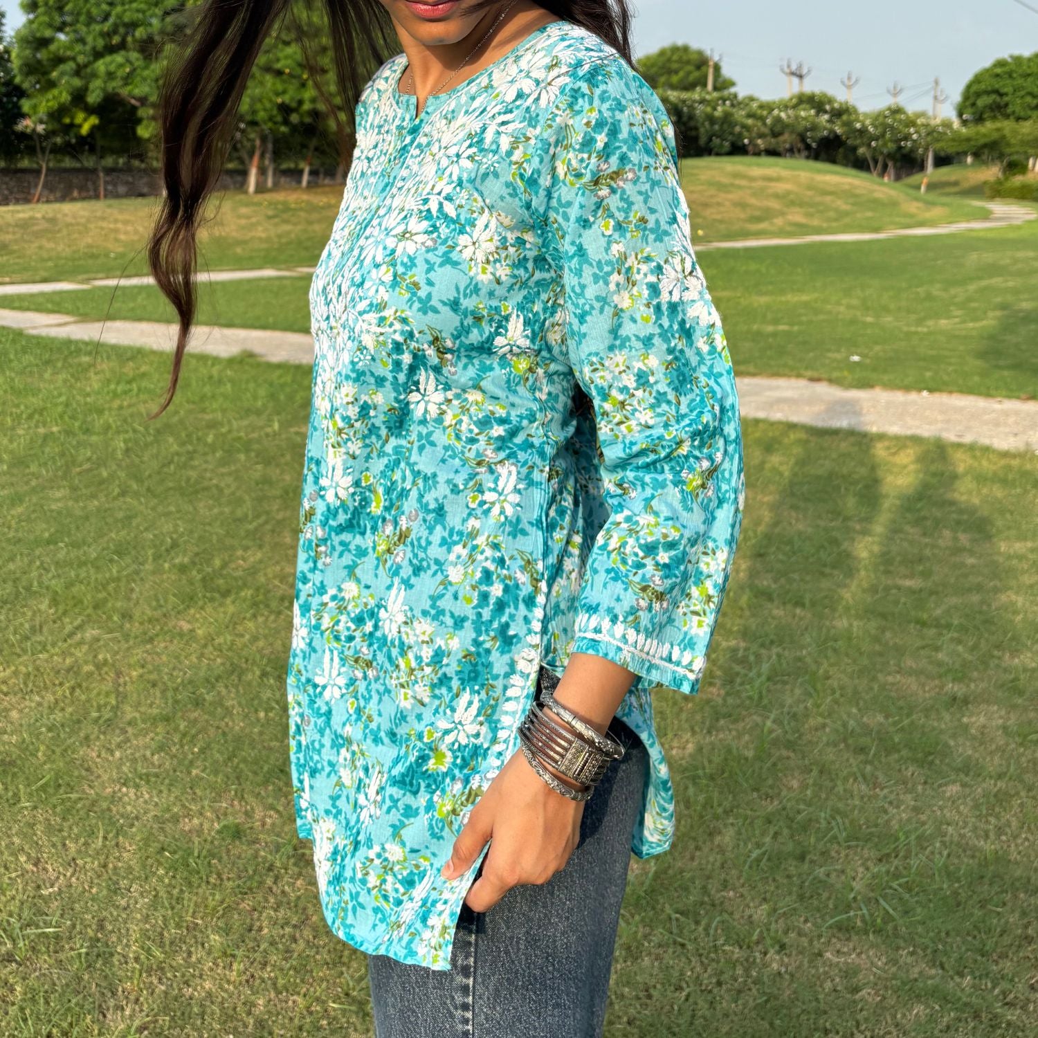 Turquoise Lucknowi Chikankari Printed Cotton Short Kurti For Women