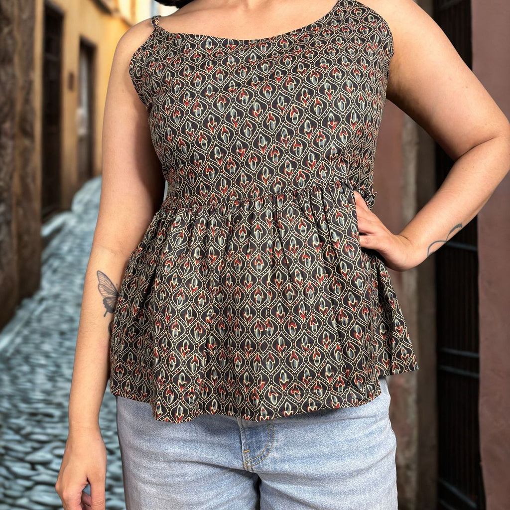 Black Cotton Printed Peplum Strap Top For Women Sleeveless