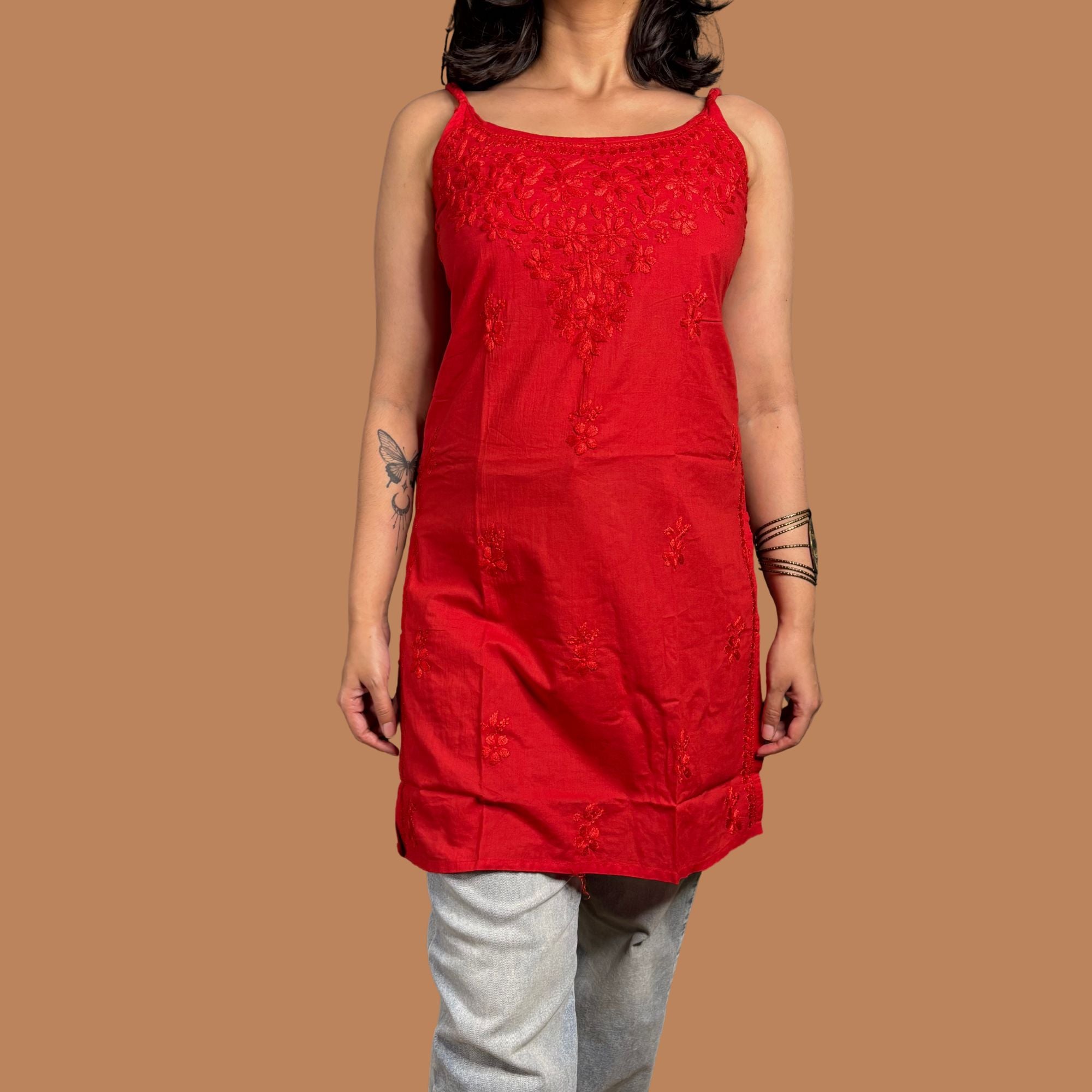 Pure Cotton Red Strap Chikankari Straight Kurta For Women