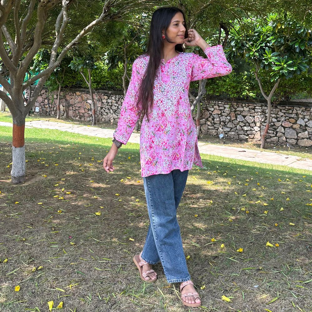 Pink Printed Cotton Chikankari Short Kurti For Women