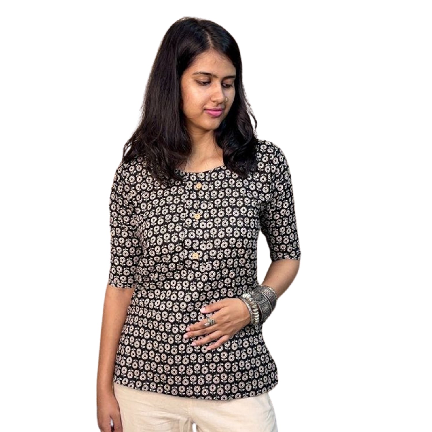 Daily Wear Black Printed Short Kurti For Women
