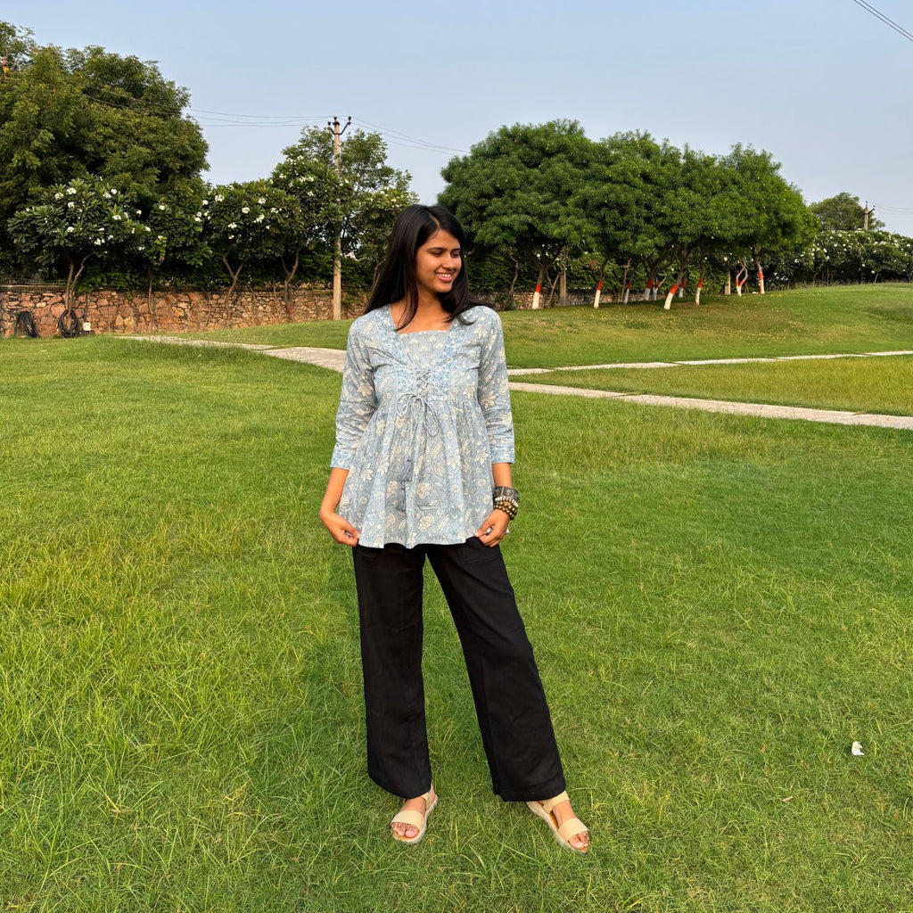 Light Blue Jaipuri Print Cotton Peplum Top For Women