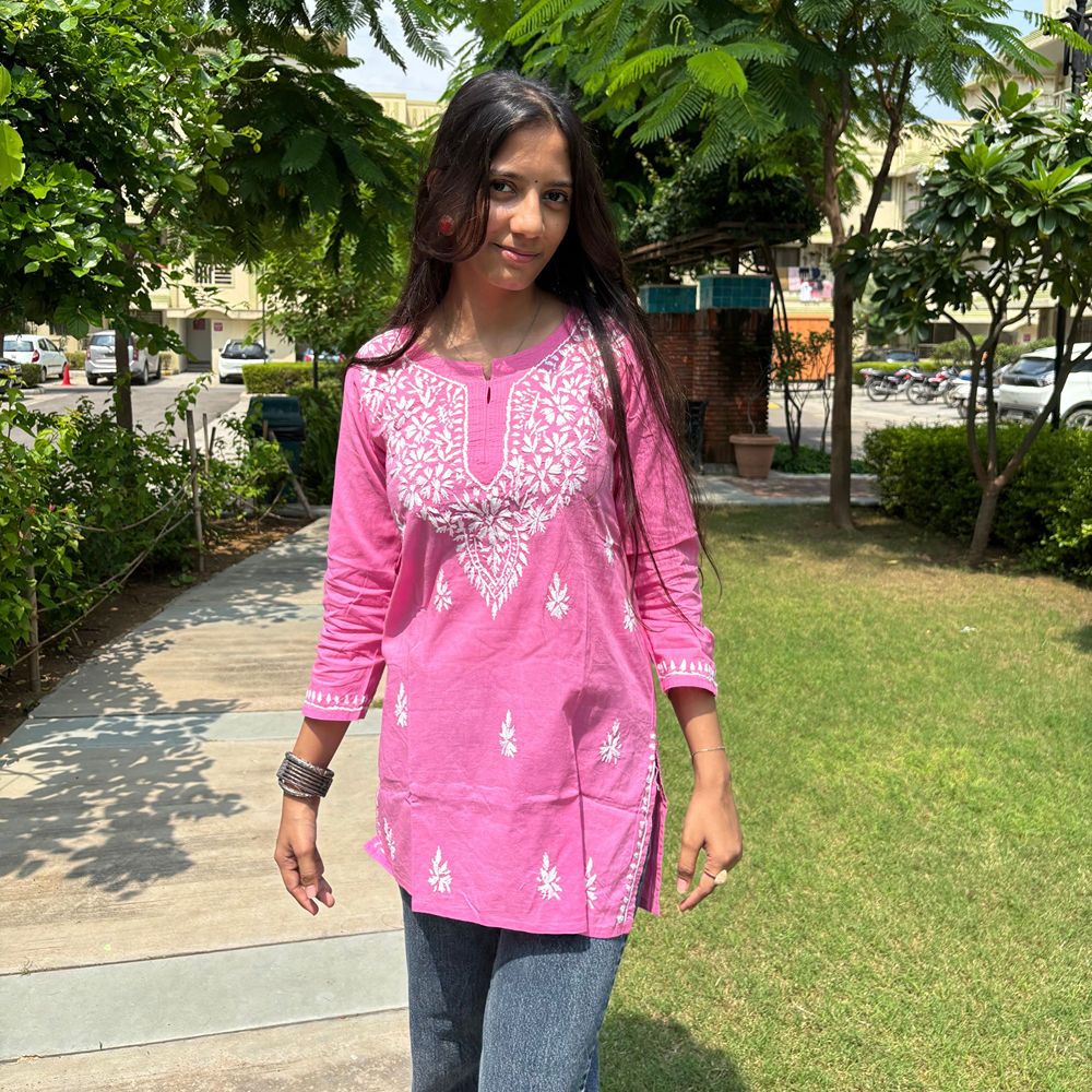 Women's Pure Cotton Pink Original Hand Chikankari Work Short Kurta