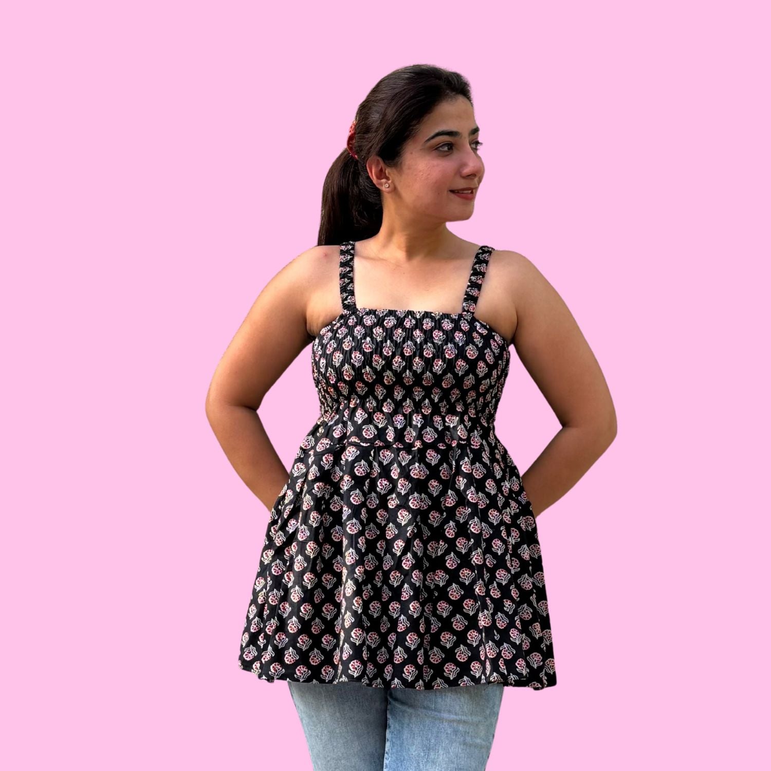 Women's Floral Print Smocked Black Tank Top, Casual Summer Wear