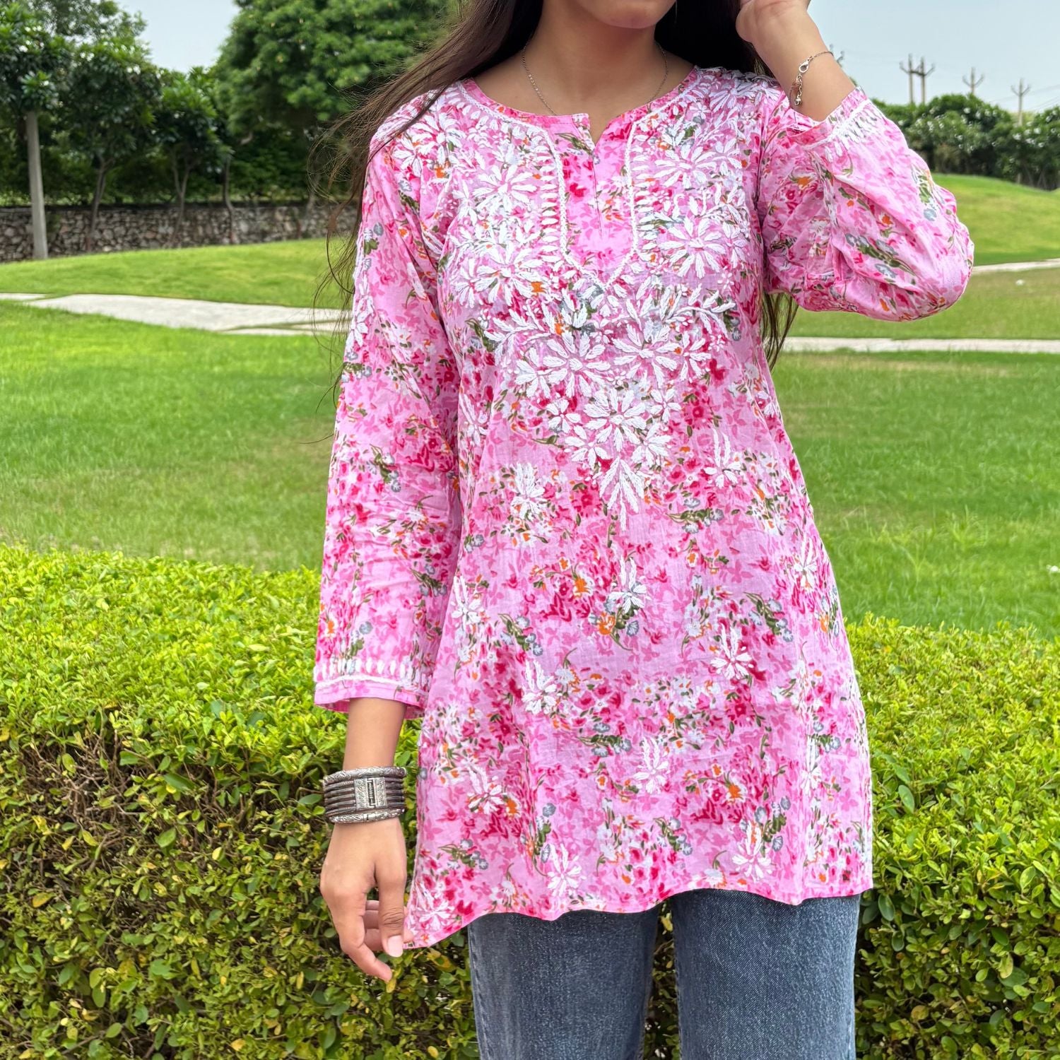 Pink Lucknowi Chikankari Printed Cotton Short Kurti For Women