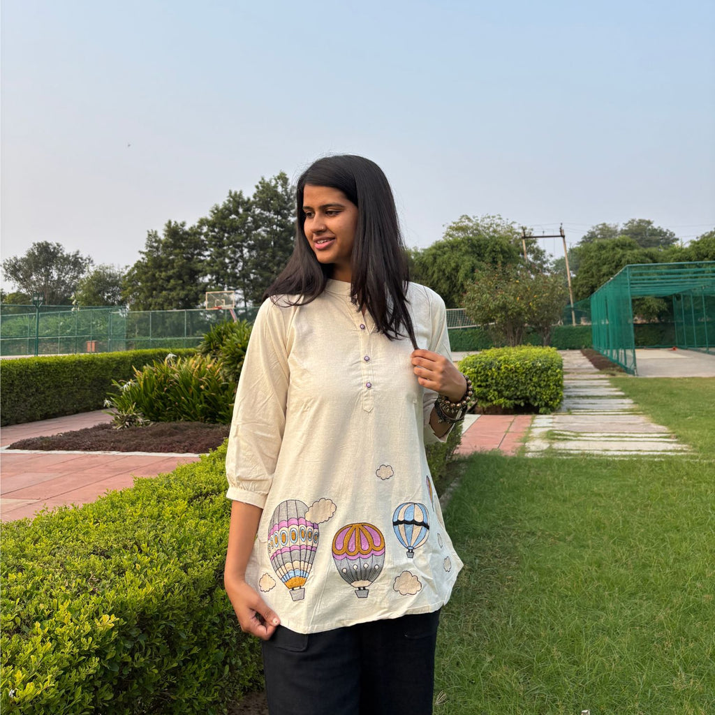 Off White Embroidery Cotton Top For Women 3/4th Sleeves