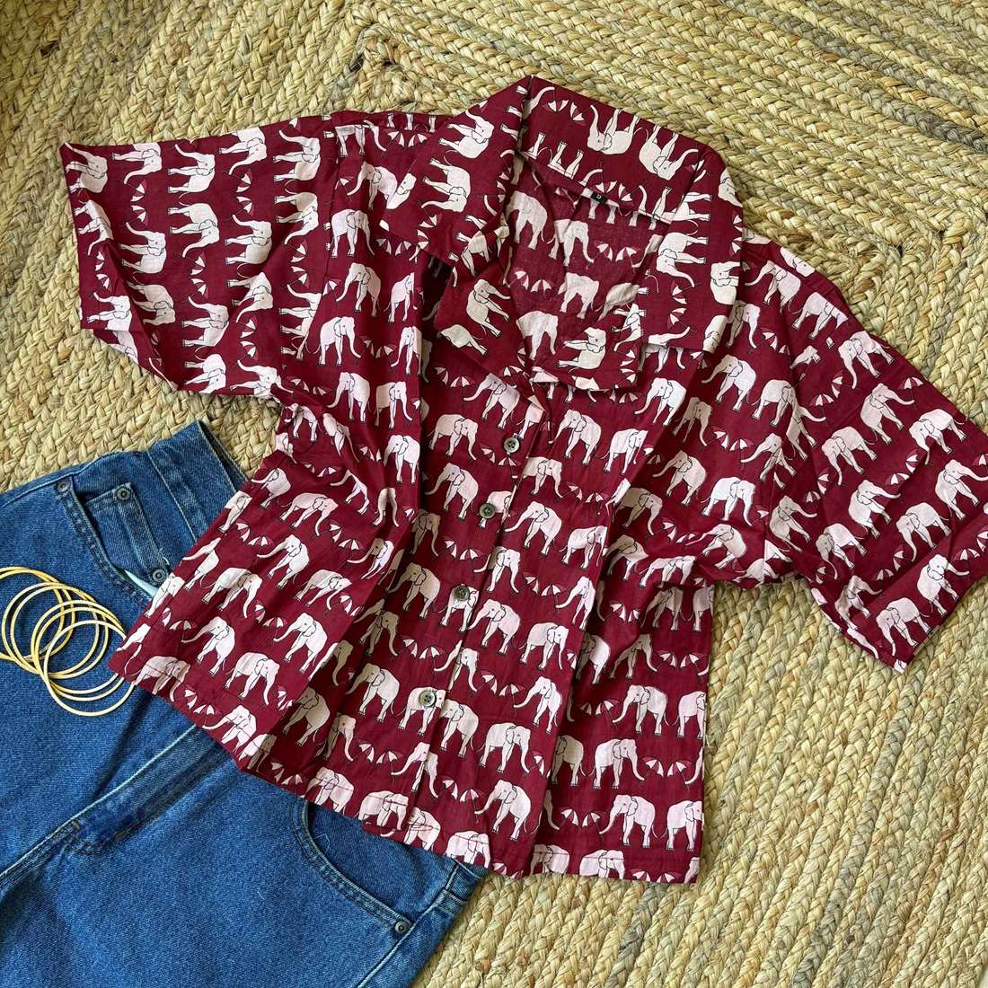 Red Cute Elephant Print Crop Shirt Pure Cotton For Women
