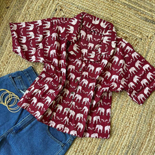 Red Cute Elephant Print Crop Shirt Pure Cotton For Women