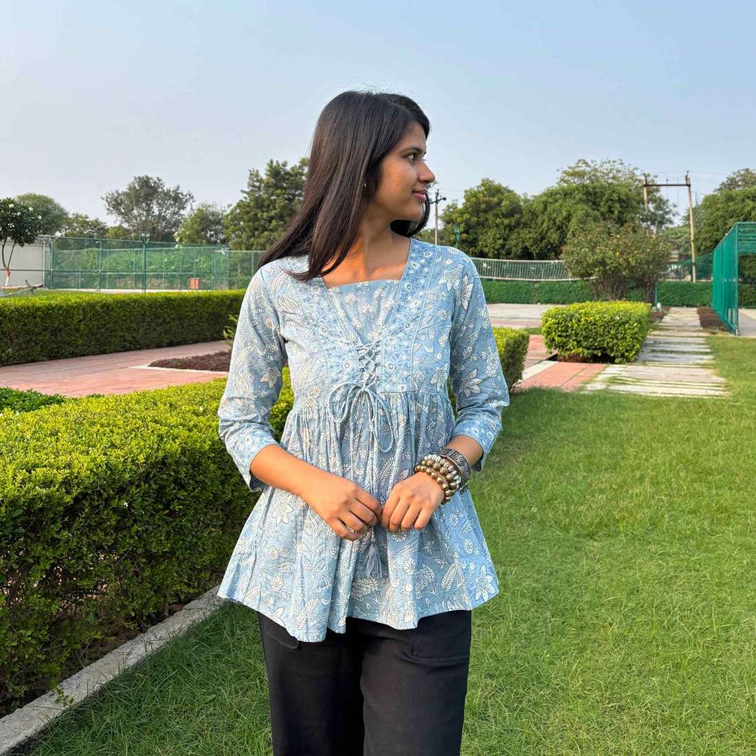 Light Blue Jaipuri Print Cotton Peplum Top For Women