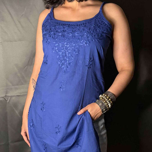 Blue Lucknowi Chikankari Cotton Step Kurta For Women