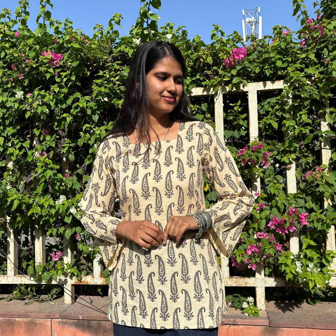 Pure Cotton Full Sleeves Jaipuri Print White Short Kurti With Back Zig Zag Dori For Women