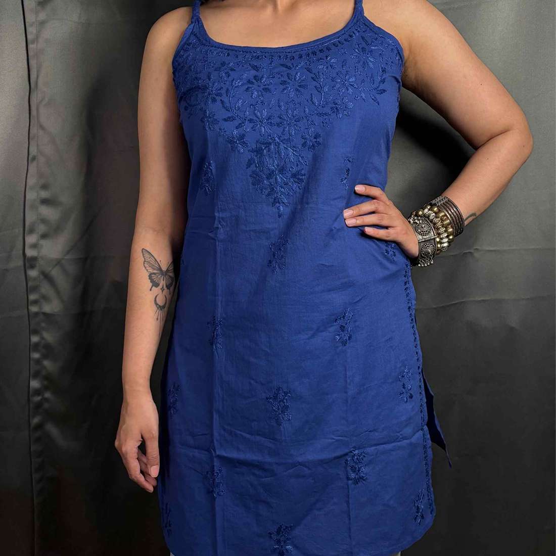 Blue Lucknowi Chikankari Cotton Step Kurta For Women