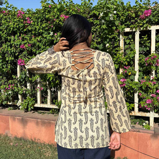 Pure Cotton Full Sleeves Jaipuri Print White Short Kurti With Back Zig Zag Dori For Women