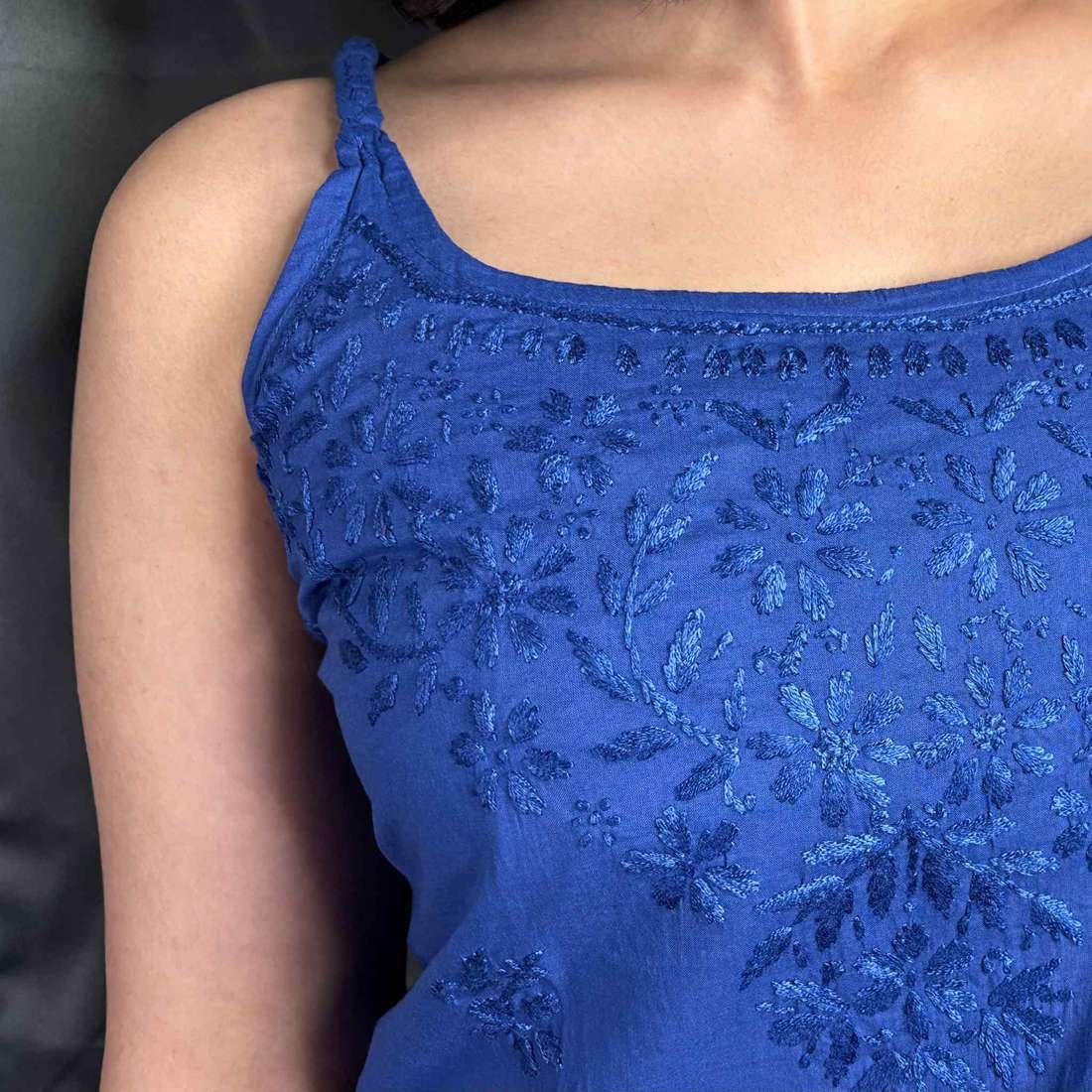 Blue Lucknowi Chikankari Cotton Step Kurta For Women