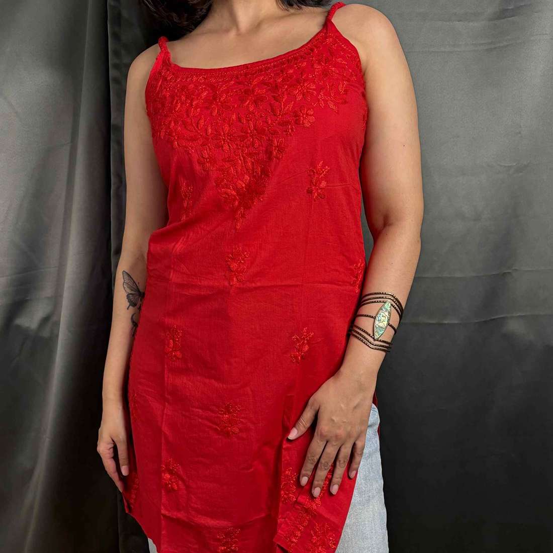 Red Lucknowi Chikankari Pure Cotton Step Kurta For Women