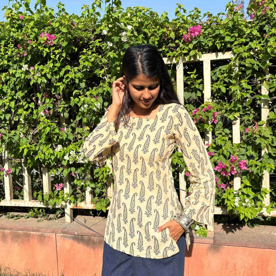 Pure Cotton Full Sleeves Jaipuri Print White Short Kurti With Back Zig Zag Dori For Women