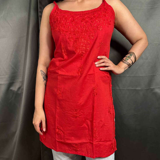 Red Lucknowi Chikankari Pure Cotton Step Kurta For Women