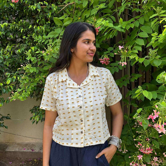 Yellow Cute Elephant Print Crop Shirt Pure Cotton For Women