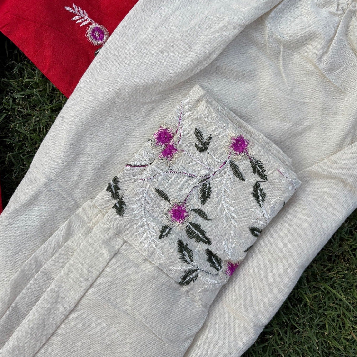 Pure Cotton Red Co-ord Set With Embroidery Detail For Women