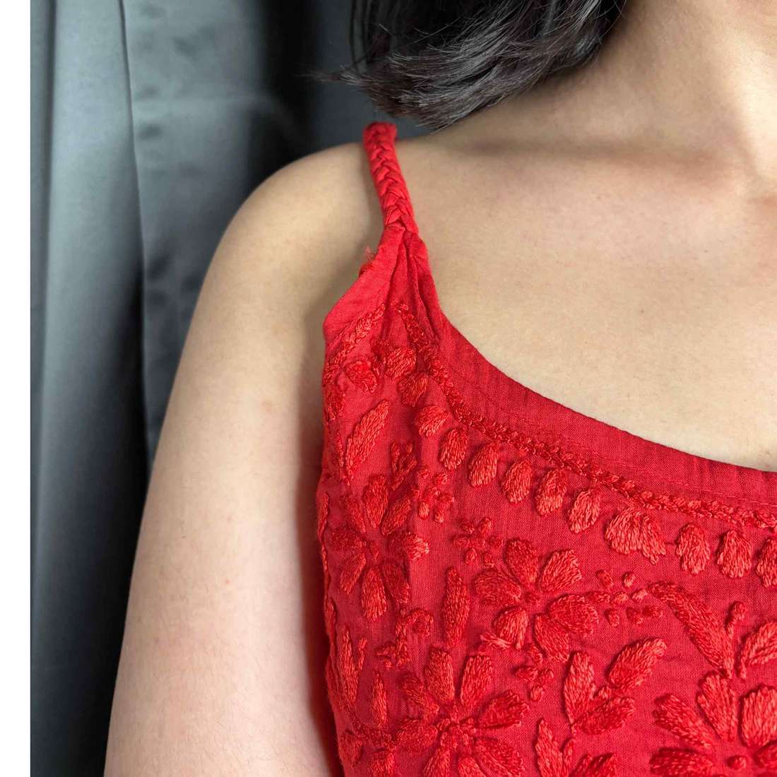Red Lucknowi Chikankari Pure Cotton Step Kurta For Women
