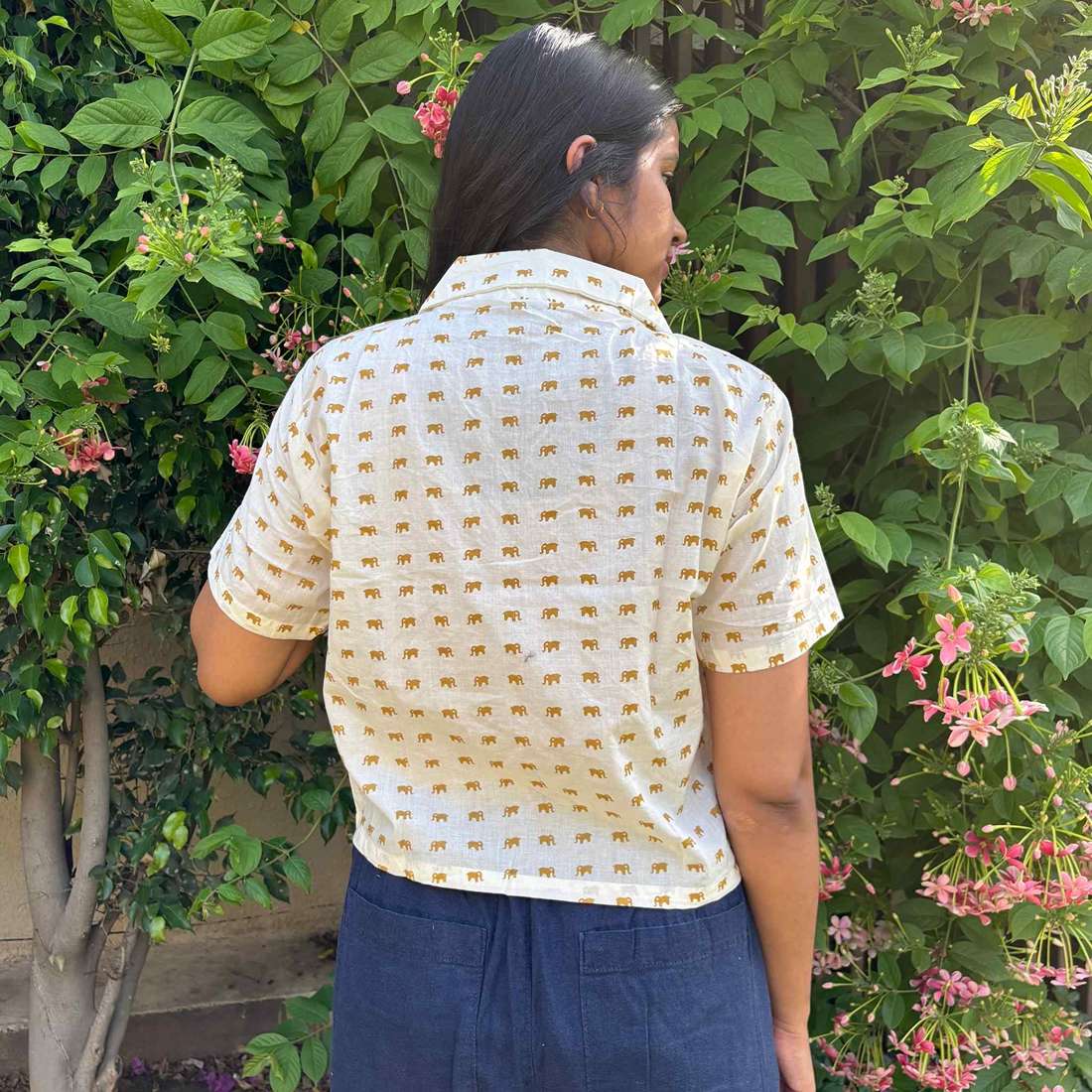 Yellow Cute Elephant Print Crop Shirt Pure Cotton For Women